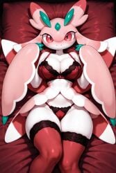 1anthro 1female 1girls ai ai_generated anthro anthro_only bed bed_sheet blush blushing_at_viewer bra breasts female female_only flower_petals frosting.ai game_freak generation_7_pokemon hands-free hands_up legwear lingerie looking_at_viewer lurantis lying_on_back lying_on_bed nintendo on_bed panties pink_body plant_girl plant_monster pokemon pokemon_(species) red_bed_sheet red_bra red_eyes red_legwear red_lingerie red_panties red_underwear smiling smiling_at_viewer solo underwear