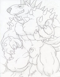 1boy animal_genitalia anthro balls big_muscles canine digitigrade dudebulge front_view greyscale invizimals male male_only mammal monochrome muscular navel nipples nude pecs pencil_(artwork) penis penis_tip sharp_teeth sheath signature smile smirk solo spikes teeth traditional_media_(artwork)