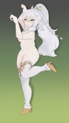 1girls coomerracoon crown earrings genshin_impact golden_eyes heels large_breasts looking_at_viewer nude nude_female pale_skin ponytail silver_hair thigh_highs thighhighs zibai_(genshin_impact)