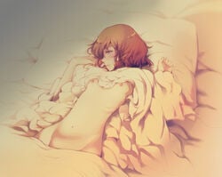 bed bed_sheet blue_eyes female flat_chest lying on_back original pillow red_hair senkyoushi_gondolf tagme