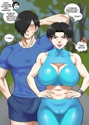 alamama incest incestuous mother milf mother_and_son exercise_clothing gym_clothes blush blushing bulge big_bulge clothed fit fit_female 1boy1girl pov bob_cut mature_female big_breasts big_penis big_boobs hip_dips 2d comic digital_drawing_(artwork) digital_media_(artwork) hi_res absurd_res oc original_character original_characters black_hair dialogue