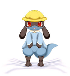 balls bottomless clothed clothing cute flaccid hat nintendo partially_clothed penis pokemon riolu schnecken small_penis smile uncut video_games