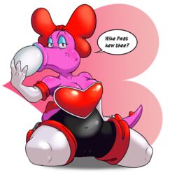 :>= anthro big_breasts birdo boots breasts cameltoe clothing cosplay dinosaur egg female footwear glazed_(artist) gloves hair_ribbon hairbow mario_(series) nintendo ribbons rouge_the_bat_(cosplay) scalie simple_background sonic_(series) text video_games white_background