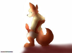 1boy animal_genitalia animal_penis anthro canine canine_penis clothed clothing disney dress_shirt erection fox knot looking_at_viewer looking_back male male_only mammal nick_wilde pants_down partially_clothed penis pinup pose shirt shorts signature simple_background solo standing text ursofofinho white_background zootopia