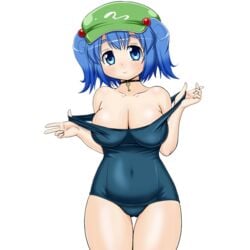 blue_eyes breasts chastity_key choker collarbone cropped_legs female femdom green_hat hat key key_necklace keyholder large_breasts looking_at_viewer necklace nitori_kawashiro pink_hair simple_background smile solo standing swimsuit touhou transparent_background