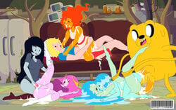 2boys 5girls adventure_time anklet balls black_eyes black_hair blonde_hair blue_hair blue_skin blush boots bottomless candles canine canon_couple cartoon_network clothed_sex clothing cowgirl_position crown cum cum_in_mouth cum_in_pussy cum_inside cum_on_face denise_(adventure_time) detailed_background dildo dress elemental female female_on_top ffm_threesome finn_the_human fire fire_hair flame_princess group_sex hand_on_ass human humanoid indoors interspecies_sex jake_the_dog knee_socks leg_grab leg_up legwear looking_at_another lying male mammal marceline mob_face multiple_females nipple_bulge on_back on_couch open_mouth orange_hair orange_skin orgy partially_clothed penetration penis pink_hair pink_skin princess_bubblegum pussy pussy_juice saliva sex_toy sideboob skirt_lift smile sofa stockings stomach_bulge straight strap-on tongue tongue_out trees tshirt unlit_candles vaginal_penetration vampire very_long_hair water water_hair water_nymph white_eyes whycantifindaname wooden_floor yuri