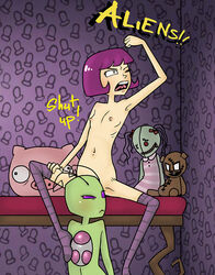 1girls 2girls alien antennae ashe_(artist) female gaz_membrane green_skin human interspecies invader_zim irken multiple_girls nickelodeon nipples stockings tak tak_(invader_zim) young yuri