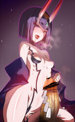 1boy breasts censored cowgirl_position demon_girl fate/grand_order fate_(series) female gohei gzm highres horns large_penis licking_lips looking_down nipples oni oni_horns open_mouth penis petite pointless_censoring pubic_hair purple_eyes purple_hair pussy pussy_juice saliva short_hair shuten_douji_(fate) small_breasts solo_focus steam straddling teenager tongue tongue_out