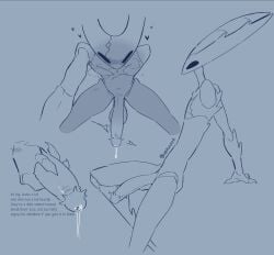 balls bodily_fluids english_text genital_fluids genitals glans hi_res hollow_knight hollow_knight_(character) hollow_knight_(franchise) male nerunaur penis precum simple_background skinny solo team_cherry text