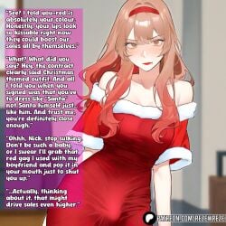 ai_assisted ai_generated blush blushing blushing_at_viewer blushing_profusely brown_eyes brown_hair bulge bulge_through_clothing bulge_under_clothes caption captioned captions captionstory crossdress crossdresser feminine feminine_faced_male feminine_male feminine_pose feminization feminized_male futanarization gag gagging long_hair red_dress red_lipstick sissy sissy_caption sissyfication story
