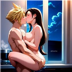 1boy1girl ai_generated black_hair blonde_hair cloud cloud_strife earrings final_fantasy_vii_remake muscular_arms tifa_lockhart