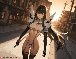 ai_generated black_hair blue_eyes blunt_bangs breasts cleavage expressionless female garter_straps gloves junketsu kill_la_kill kiryuuin_satsuki looking_at_viewer navel revealing_clothes road small_breasts very_long_hair