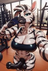 abs ai_generated anthro balls black_penis bra futanari gym horsecock mohawk muscular penis selfie stripes veins zebra