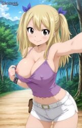 ai_generated belt belt_buckle bertox64 blonde_hair brown_eyes camisole exposed_breasts exposed_nipples fairy_tail lucy_heartfilia outdoors seductive seductive_smile shorts tight_clothing topless twintails white_shorts