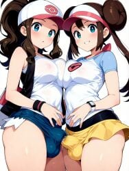 ai_generated bulge bulge_through_clothing futanari hilda_(pokemon) penis_touching_penis penis_under_clothes pokemon rosa_(pokemon) skirt thighhighs yuri