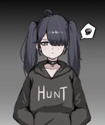 1boy black_eyes black_hair black_hoodie confused crossdressing earrings expressionless femboy hand_in_pocket hood hoodie jewelry lilim) lilim_(bbq male_focus otoko_no_ko purple_hair rbq_lilim solo speech_bubble