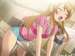 blonde_hair blue_shorts blush closed_eyes clothing dutch_angle eroge female kirino_kosaka long_hair open_mouth ore_no_imouto_ga_konna_ni_kawaii_wake_ga_nai schoolgirl shorts