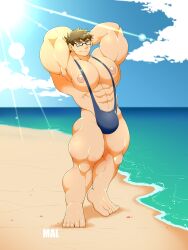 1boy bara beach blue_mankini buff flexing glasses happy human mankini pose sand sexy smile smiley_face water