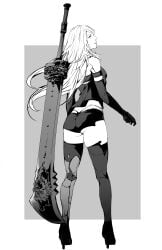 android clothed_female elbow_gloves fat_ass long_hair looking_back monochrome nier nier:_automata nishiii26miii short_shorts sword thigh_high_heels thong white_hair yorha_a2