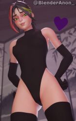 1girls 2025 3d arms_at_sides ass_peek bare_hips bare_shoulders belly_button black_gloves black_hair black_legwear black_outfit black_thighhighs blender blender_(software) blenderanon_ blurry_background camel_toe cameltoe collarbone female female_focus female_only fortnite fortnite:_battle_royale gloves glowing_eyes green_eyes hands_on_hips helsie_(fortnite) inside japanese_room legwear long_gloves long_sleeves looking_at_viewer looking_down looking_down_at_partner multicolored_hair one_piece_suit petite pussy_outline raised_eyebrows shiny_skin smile smile_at_viewer solo solo_female solo_focus standing thighhighs thighs tight_clothing turtleneck upper_body watermark