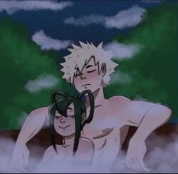 1boy 1girls asui_tsuyu bakugou_katsuki bathing_together female katsuki_bakugou male male/female mixed_bathing my_hero_academia nude onsen relaxing shirtless shirtless_male spiky_hair straight topless topless_female tsuyu_asui