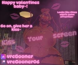 big_areola big_breasts big_thighs caption chica_(fnaf) fnaf fnaf_2 kiss_mark valentine's_day vrcgooner06 vrchat withered_chica