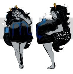 bottomless breasts clenched_teeth clothed female homestuck hyper hyper_breasts partially_clothed redandblacktac solo standing stretching vriska_serket yawning