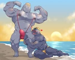 bara beach buff machoke mankini pink_mankini pokemon pokemon_(species) sexy yellow_swimsuit