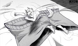 anthro beastars boxers_(clothing) boxers_only canid canine canis clothed clothing greyscale hi_res legoshi_(beastars) male mammal micro monochrome shrinking shrinking_out_of_clothes size_transformation sleeping solo topless transformation unaware_transformation underwear underwear_only wolf yunotoffer