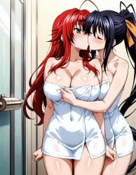 2girls ahoge ai_generated akeno_himejima antenna_hair bathroom black_hair blue_green_eyes blush closed_eyes couple crimson_hair female_only grabbing_another's_breast hair_ribbon high_school_dxd kissing large_breasts lesbian light_skin orange_ribbon ponytail rias_gremory towel very_long_hair violet_eyes voluptuous yuri