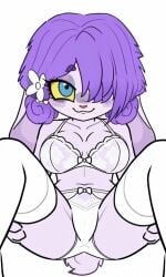 ai_art ai_generated breasts flower_in_hair legs_spread leima_(terrible_mouse) light_purple_fur lingerie_only looking_at_viewer pixai presenting_anus presenting_pussy purple_hair smiling terrible_mouse yellow_eyes