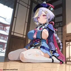 ai_generated alternate_breast_size beautfiul_background bloodstained chinese_architecture glistening_snow huge_breasts light_blush qiqi_(genshin_impact) scars sideboob snowy stunning_backgroud wariza