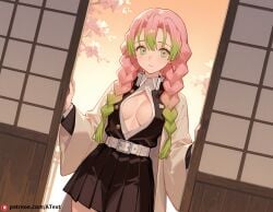 ai_generated belt black_skirt braid breasts cleavage coat demon_slayer demon_slayer_uniform gradient_hair green_eyes green_hair haori japanese_clothes kanroji_mitsuri kimetsu_no_yaiba long_hair long_sleeves miniskirt mole mole_under_eye multicolored_hair partially_unbuttoned pink_hair pleated_skirt pussy skirt twin_braids two-tone_hair