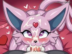 1boy 1girls ai_generated anthro anthro_on_anthro anthro_penetrated bed bedroom big_breasts blowjob blowjob_face cum cum_in_mouth cum_on_face deepthroat eeveelution espeon fellatio female heart heart-shaped_pupils heart_box irrumatio male male/female naked nude oral pokemon pokemon_(species) pokemorph umbreon valentine's_day