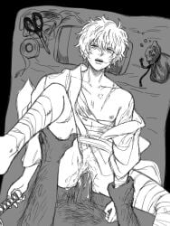 1boy 1cuntboy aged_down bandages cuntboy cuntboy/male cuntboy_focus cuntboysub futon genital_fluids gintama gintoki_sakata injured injury intersex japanese_clothes kimono leg_grab male male_on_cuntboy male_pov maledom missionary monochrome mti_crossgender on_back on_bed open_mouth penis pussy questionable_consent scars solo_focus strawbrrygin sweat uncensored vaginal_penetration wounded