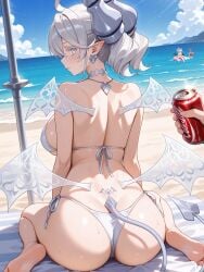 ai_generated ass beach beach_background bikini collar demon demon_girl duel_monster earrings female horn labrynth_of_the_silver_castle looking_at_viewer lovely_labrynth_of_the_silver_castle rear_view short_hair silver_eyes sitting soda squirtle0007 summer tail twintails white_hair yu-gi-oh!