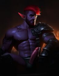 3d ai_generated armor armored_male balls balls_in_panties balls_under_clothes bandit beard big_penis cum dark-skinned_male dark_body dark_elf dark_skin elf elf_male erect_penis erection erection_under_clothes fantasy gay gay_male gloves handjob male male_only muscular muscular_male penis pierced_ears pierced_nipples piercing piercings purple_body purple_skin red_hair solo solo_male tattoo underwear