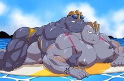 bara buff lying lying_down machoke mankini pink_mankini pokemon pokemon_(species) sex_through_clothes sex_through_thong sexy surfboard swimsuit water yellow_swimsuit