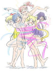 5girls ami_mizuno angry artist_request attempted_transformation barefoot bishoujo_senshi_sailor_moon black_hair blonde_hair blue_hair blue_ribbon blush bound bow breasts brown_hair clenched_teeth closed_eyes double_bun embarrassed fail feet long_hair makoto_kino minako_aino multiple_girls nude open_mouth pink_ribbon ponytail rei_hino ribbon short_hair simple_background small_breasts sweat tied_hair tied_up twintails usagi_tsukino white_background wrapped_up