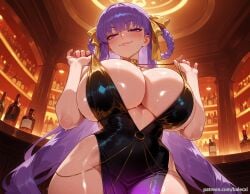 ai_generated balecxi bb_(fate) bb_dubai_(fate) black_dress blush braid braided_hair_rings cleavage fate/extra_ccc fate/grand_order fate_(series) female hair_rings huge_breasts long_hair looking_at_viewer pelvic_curtain purple_eyes purple_hair smile solo sweat