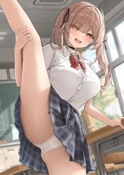 1girls :d black_choker black_skirt blush bow bowtie breasts brown_eyes brown_hair chalkboard choker classroom collared_shirt commentary_request day desk hair_ribbon highres imouto-chan_(monaka_curl) indoors large_breasts leg_lift long_hair looking_at_viewer monaka_curl open_mouth original panties plaid_clothes plaid_skirt red_bow red_bowtie ribbon school_desk school_uniform shirt shirt_tucked_in short_sleeves skirt smile solo split standing standing_on_one_leg standing_split sunlight thighs twintails underwear white_panties