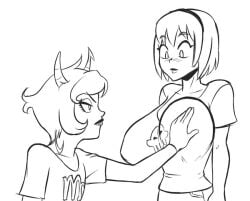 2girls black_and_white blush canon_couple clothed groping homestuck kanaya_maryam large_breasts married_couple mindwipe planetofjunk rose_lalonde wife_and_wife