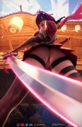 1girls forceballfx low-angle_view marvel_rivals panties psylocke psylocke_(marvel_rivals) standing sword upskirt