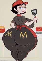 accurate_art_style ai ai_generated big_ass big_breasts big_butt black_employee_outfit black_hair blue_eyes bubble_ass bubble_butt cap cartoon_network child-bearing_hips child_bearing_hips clothed clothing curvaceous curves curvy curvy_body curvy_female curvy_figure curvy_hips dummy_thicc dumptruck_ass dumptruck_butt employee employee_uniform fast_food female female_focus grill huge_ass huge_butt kitchen large_ass large_breasts large_butt mcdonald's ms._keane pawg pawg_build plump_ass plump_butt powerpuff_girls seductive seductive_look seductive_smile short_hair spatula thicc thick_thighs venus_body visor voluptuous voluptuous_female wide_hips