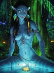 ai_generated alien alien_girl alien_humanoid avatar avatar:_the_way_of_water feather_hair_ornament female longing_eyes looking_at_viewer na'vi necklace neytiri night nighttime nude smiling smiling_at_viewer tall_female