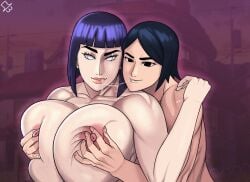 2girls after_kiss age_difference areolae big_nipples boruto:_naruto_next_generations breast_grab breast_squeeze breasts_bigger_than_head cheating cheating_wife grabbing_another's_breast huge_breasts hyuuga_hinata large_areolae massive_breasts milf muscular_female naked naruto naruto_(series) netorare nipples nude_female pressing_breasts saliva_string sarada_uchiha sir_wankies yuri