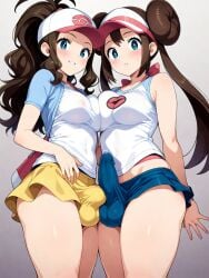 ai_generated bulge bulge_through_clothing futanari hilda_(pokemon) penis_touching_penis penis_under_clothes pokemon rosa_(pokemon) skirt thighhighs yuri