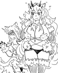 1boy 1girls barghest_(fate) barghest_(gawain)_(fate) bedivere_(fate) black_and_white blush blush_lines breasts_bigger_than_head cleavage clothed clothed_female clothed_male clothing fake_animal_ears fake_animal_tail fate/grand_order fate_(series) female gat0w huge_breasts long_hair male mash_kyrielight_(dangerous_beast)_(cosplay) midriff no_color panties shadow_over_eyes shocked shocked_expression stockings