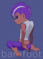 1boy 2d_(artwork) ass ass_view biting_own_lip blue_hair butt digital_drawing_(artwork) digital_media_(artwork) feet inkrinkr leggings male male_focus male_only octoling octoling_boy on_knees pants pulling_down_pants purple_background purple_hair seductive seductive_look soles splatoon splatoon_3 tan_body tan_skin teasing tentacle_hair text