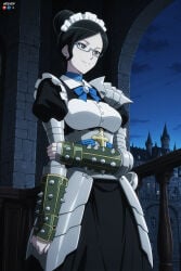 1boy 1girl absurdres adult ai_assisted ai_generated armor big_breasts black_hair blue-framed_eyewear bow breasts dress female gauntlets general glasses grey_eyes hair_bun heeven highres maid maid_headdress male mature night overlord_(maruyama) patreon patreon_username perfect_body semi-rimless_eyewear sensitive short_hair single_hair_bun sky smile solo uncensored under-rim_eyewear yuri_alpha